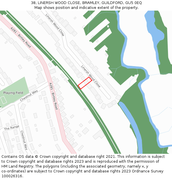 38, LINERSH WOOD CLOSE, BRAMLEY, GUILDFORD, GU5 0EQ: Location map and indicative extent of plot
