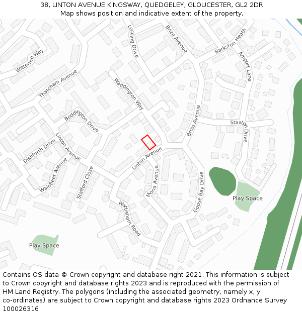 38, LINTON AVENUE KINGSWAY, QUEDGELEY, GLOUCESTER, GL2 2DR: Location map and indicative extent of plot