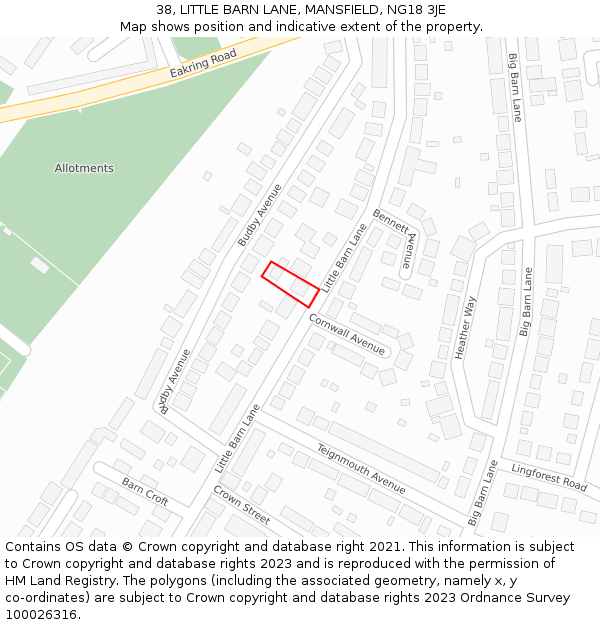 38, LITTLE BARN LANE, MANSFIELD, NG18 3JE: Location map and indicative extent of plot