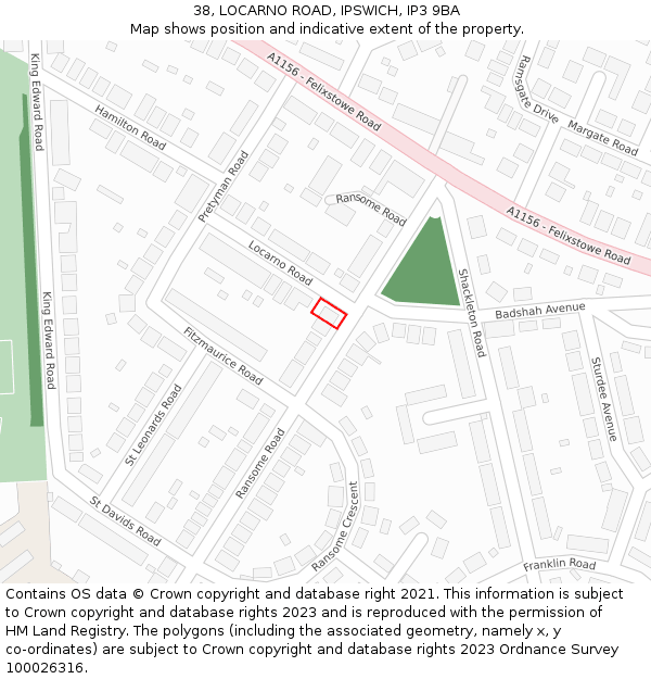 38, LOCARNO ROAD, IPSWICH, IP3 9BA: Location map and indicative extent of plot