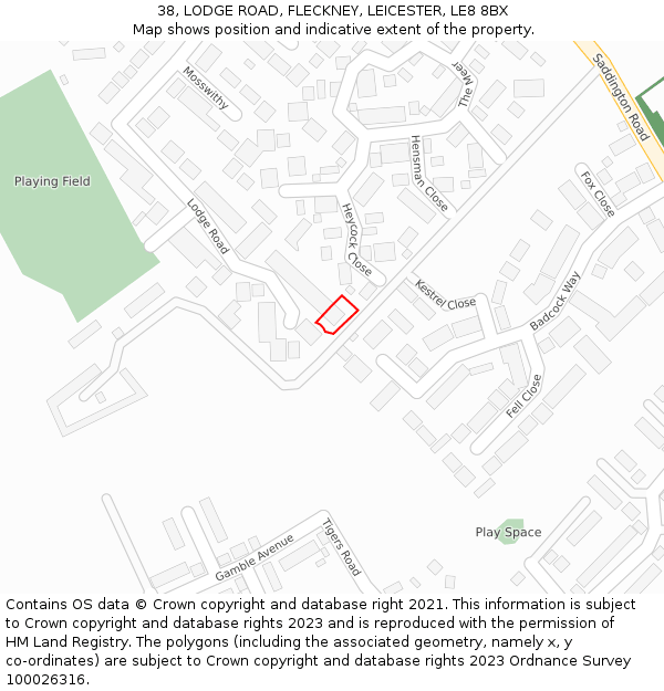 38, LODGE ROAD, FLECKNEY, LEICESTER, LE8 8BX: Location map and indicative extent of plot