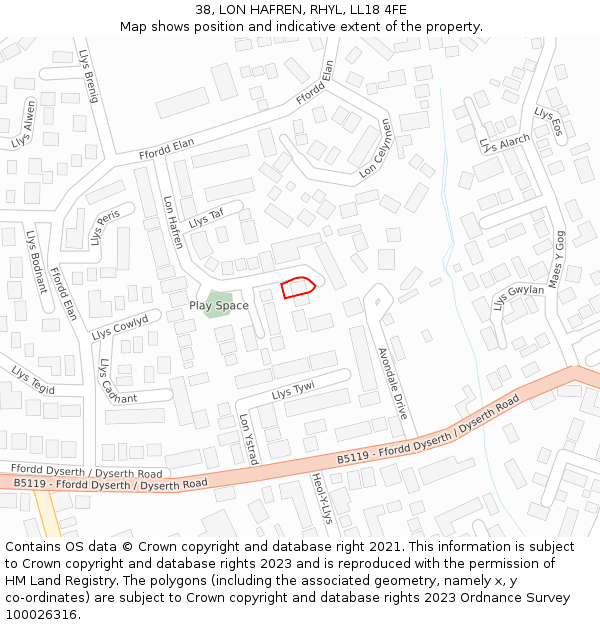 38, LON HAFREN, RHYL, LL18 4FE: Location map and indicative extent of plot