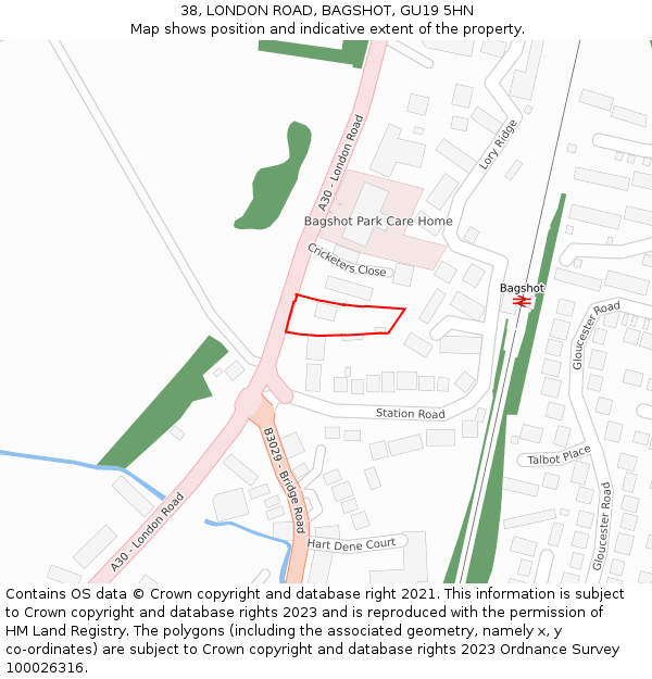 38, LONDON ROAD, BAGSHOT, GU19 5HN: Location map and indicative extent of plot