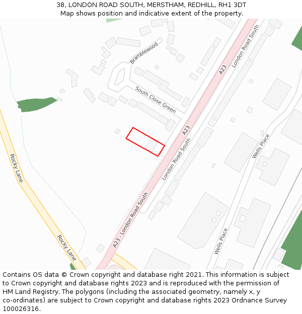 38, LONDON ROAD SOUTH, MERSTHAM, REDHILL, RH1 3DT: Location map and indicative extent of plot