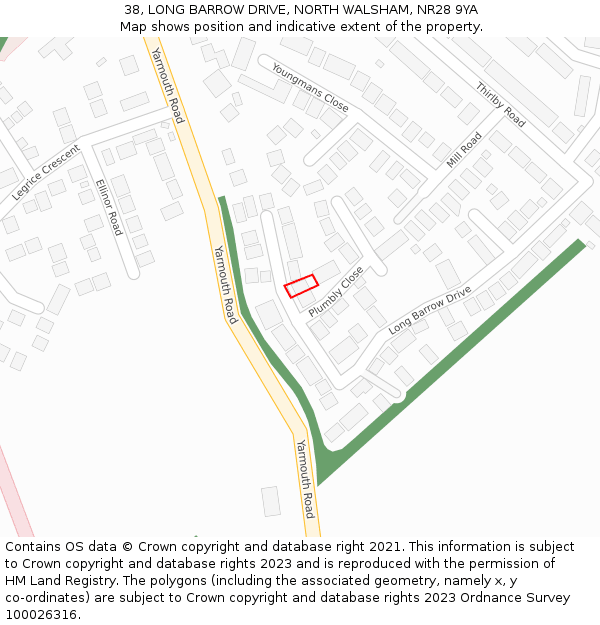 38, LONG BARROW DRIVE, NORTH WALSHAM, NR28 9YA: Location map and indicative extent of plot