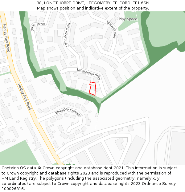 38, LONGTHORPE DRIVE, LEEGOMERY, TELFORD, TF1 6SN: Location map and indicative extent of plot