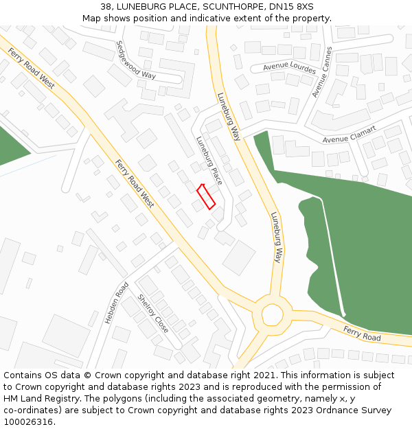 38, LUNEBURG PLACE, SCUNTHORPE, DN15 8XS: Location map and indicative extent of plot