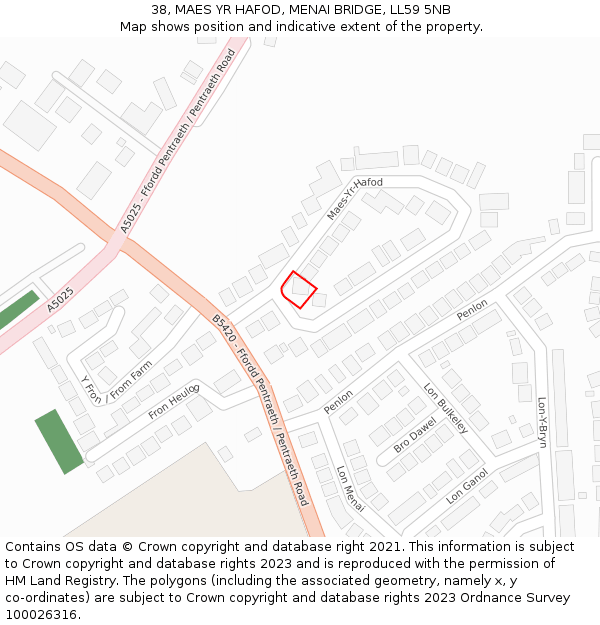 38, MAES YR HAFOD, MENAI BRIDGE, LL59 5NB: Location map and indicative extent of plot