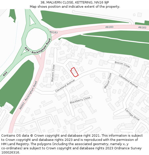 38, MALVERN CLOSE, KETTERING, NN16 9JP: Location map and indicative extent of plot