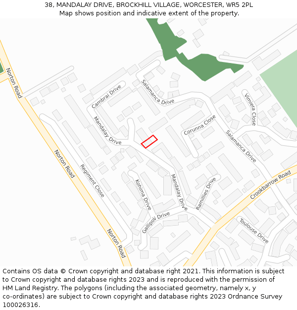 38, MANDALAY DRIVE, BROCKHILL VILLAGE, WORCESTER, WR5 2PL: Location map and indicative extent of plot