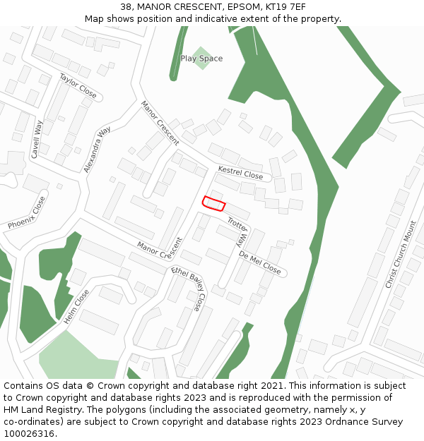 38, MANOR CRESCENT, EPSOM, KT19 7EF: Location map and indicative extent of plot