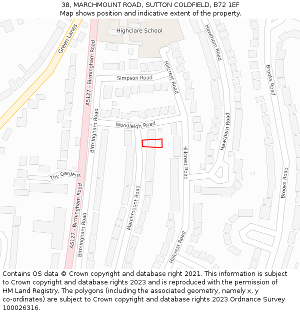 38, MARCHMOUNT ROAD, SUTTON COLDFIELD, B72 1EF: Location map and indicative extent of plot