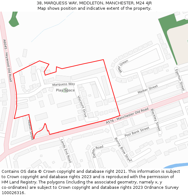 38, MARQUESS WAY, MIDDLETON, MANCHESTER, M24 4JR: Location map and indicative extent of plot