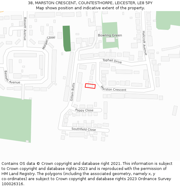 38, MARSTON CRESCENT, COUNTESTHORPE, LEICESTER, LE8 5PY: Location map and indicative extent of plot