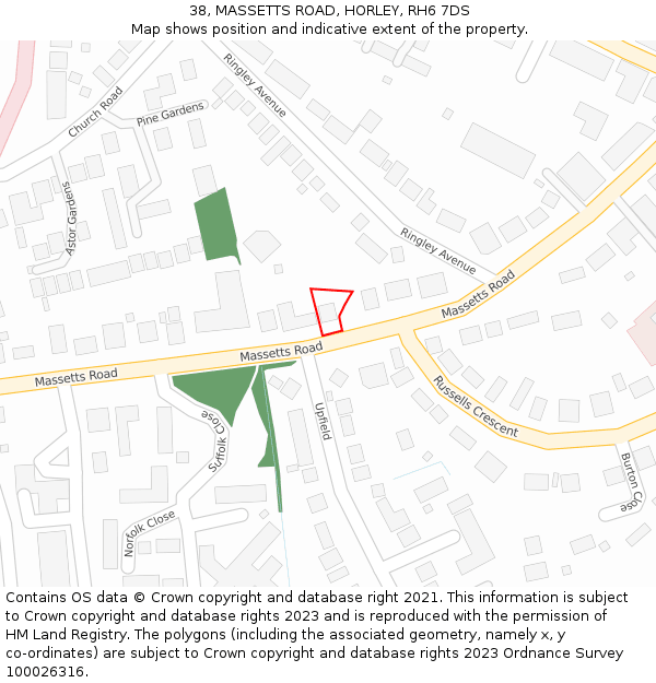 38, MASSETTS ROAD, HORLEY, RH6 7DS: Location map and indicative extent of plot