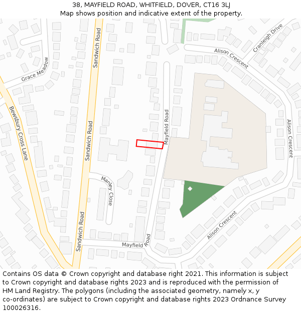 38, MAYFIELD ROAD, WHITFIELD, DOVER, CT16 3LJ: Location map and indicative extent of plot