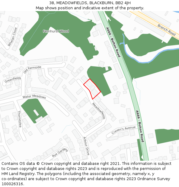 38, MEADOWFIELDS, BLACKBURN, BB2 4JH: Location map and indicative extent of plot