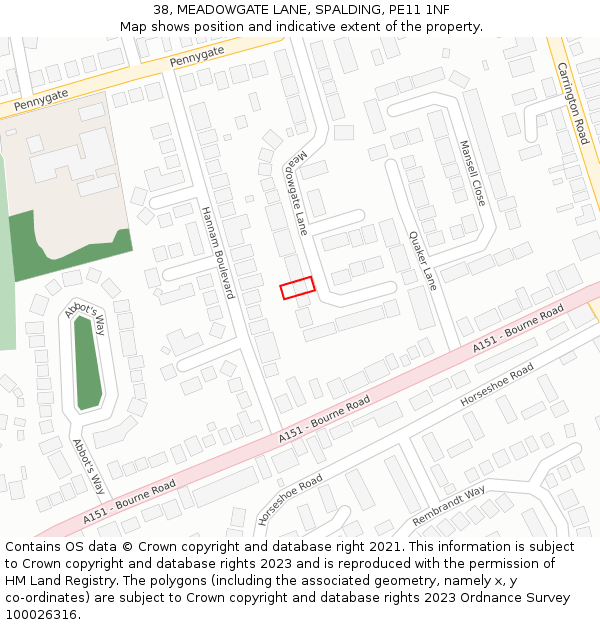 38, MEADOWGATE LANE, SPALDING, PE11 1NF: Location map and indicative extent of plot