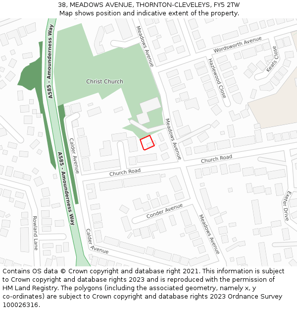 38, MEADOWS AVENUE, THORNTON-CLEVELEYS, FY5 2TW: Location map and indicative extent of plot