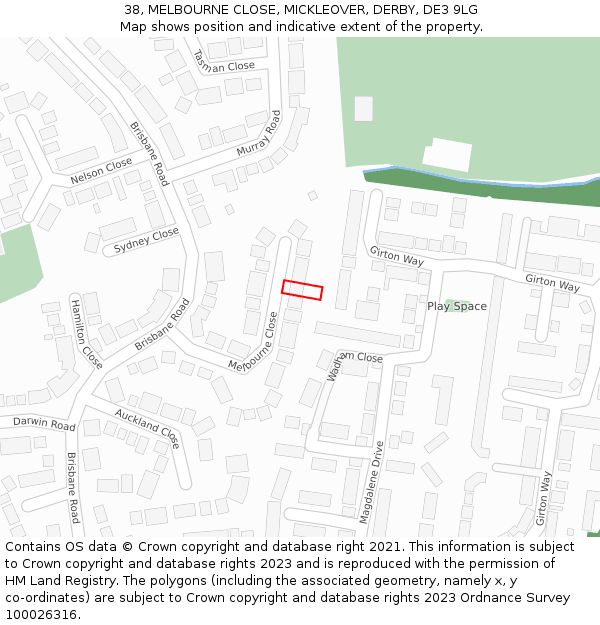 38, MELBOURNE CLOSE, MICKLEOVER, DERBY, DE3 9LG: Location map and indicative extent of plot