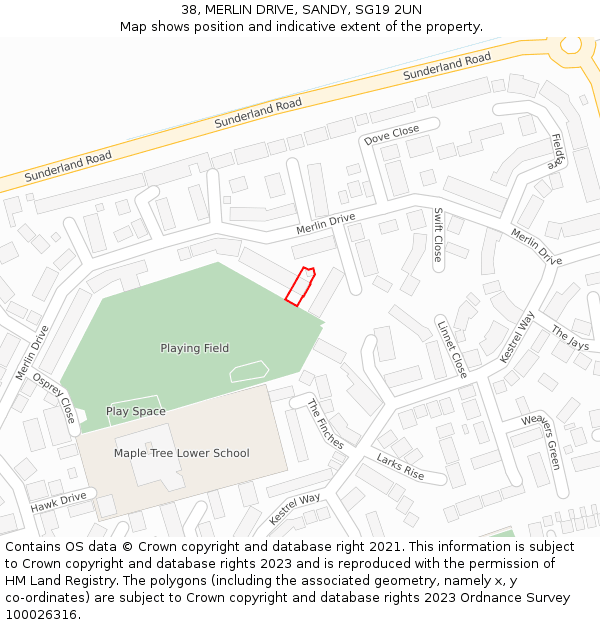 38, MERLIN DRIVE, SANDY, SG19 2UN: Location map and indicative extent of plot