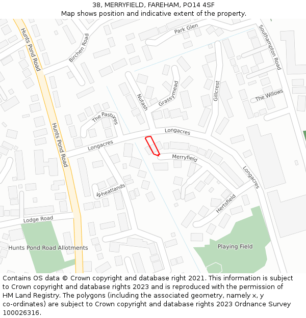 38, MERRYFIELD, FAREHAM, PO14 4SF: Location map and indicative extent of plot