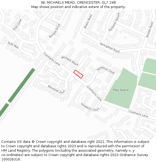 38, MICHAELS MEAD, CIRENCESTER, GL7 1WE: Location map and indicative extent of plot