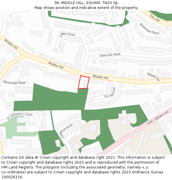 38, MIDDLE HILL, EGHAM, TW20 0JL: Location map and indicative extent of plot