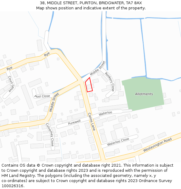 38, MIDDLE STREET, PURITON, BRIDGWATER, TA7 8AX: Location map and indicative extent of plot