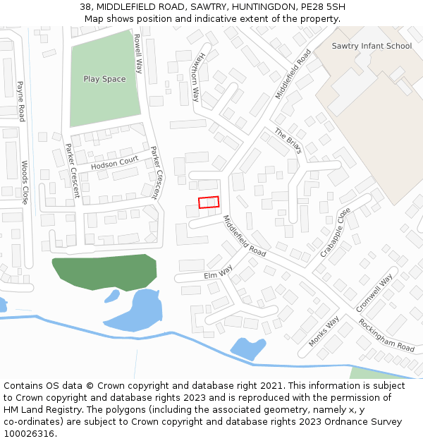 38, MIDDLEFIELD ROAD, SAWTRY, HUNTINGDON, PE28 5SH: Location map and indicative extent of plot