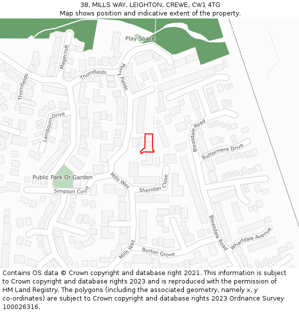 38, MILLS WAY, LEIGHTON, CREWE, CW1 4TG: Location map and indicative extent of plot