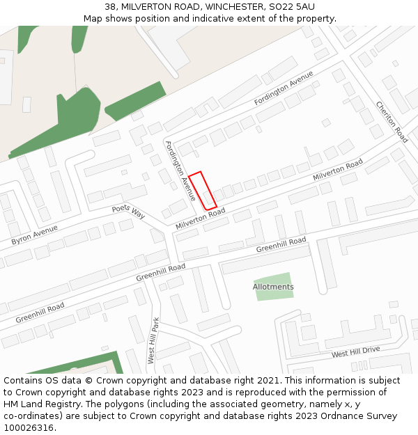 38, MILVERTON ROAD, WINCHESTER, SO22 5AU: Location map and indicative extent of plot