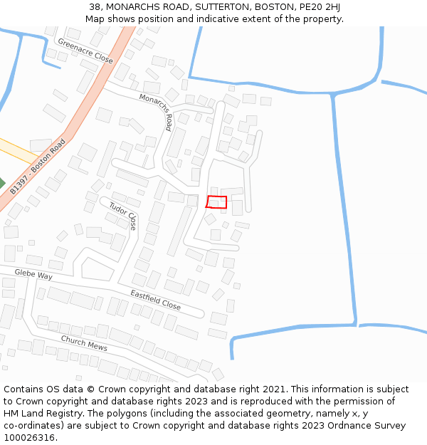 38, MONARCHS ROAD, SUTTERTON, BOSTON, PE20 2HJ: Location map and indicative extent of plot