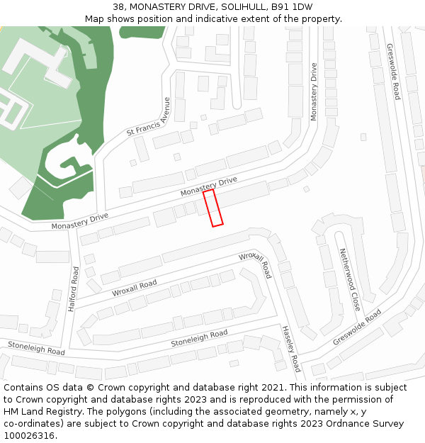 38, MONASTERY DRIVE, SOLIHULL, B91 1DW: Location map and indicative extent of plot