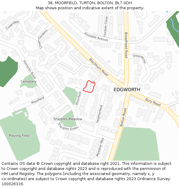 38, MOORFIELD, TURTON, BOLTON, BL7 0DH: Location map and indicative extent of plot