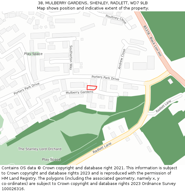 38, MULBERRY GARDENS, SHENLEY, RADLETT, WD7 9LB: Location map and indicative extent of plot