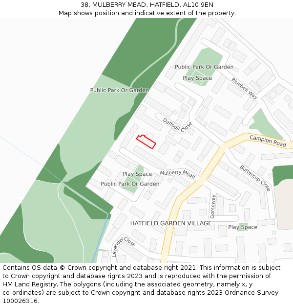 38, MULBERRY MEAD, HATFIELD, AL10 9EN: Location map and indicative extent of plot