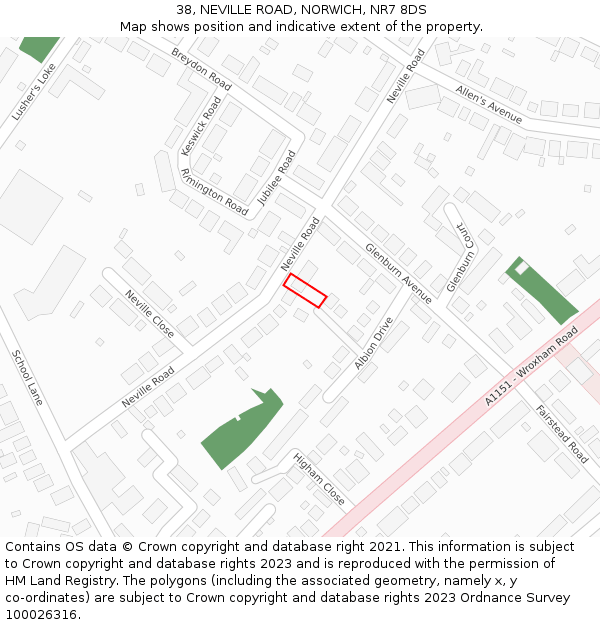 38, NEVILLE ROAD, NORWICH, NR7 8DS: Location map and indicative extent of plot