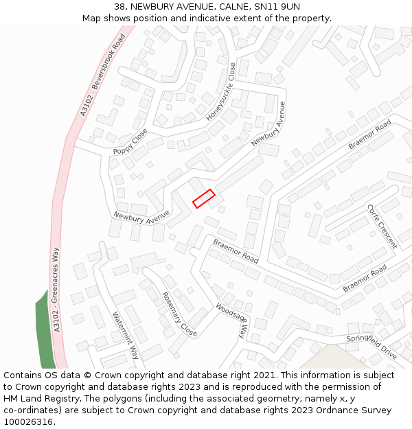 38, NEWBURY AVENUE, CALNE, SN11 9UN: Location map and indicative extent of plot