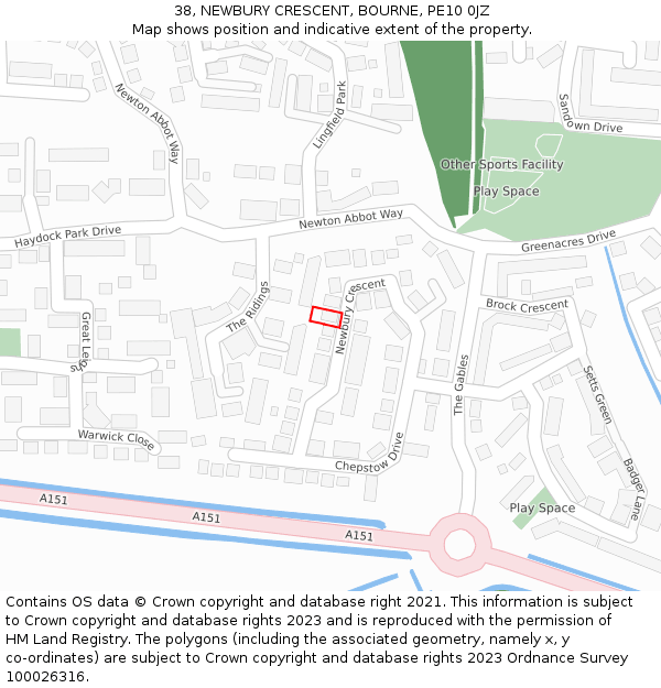 38, NEWBURY CRESCENT, BOURNE, PE10 0JZ: Location map and indicative extent of plot