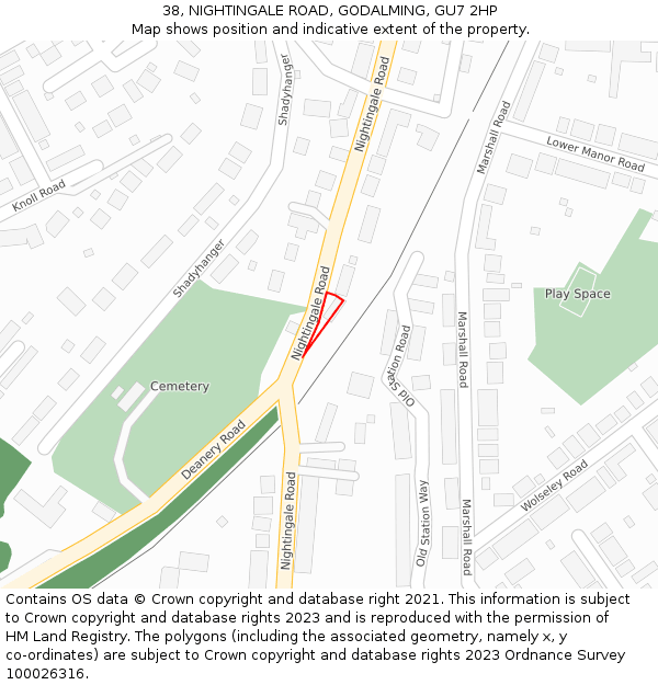 38, NIGHTINGALE ROAD, GODALMING, GU7 2HP: Location map and indicative extent of plot