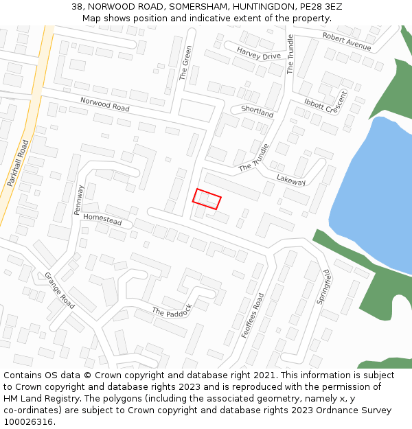 38, NORWOOD ROAD, SOMERSHAM, HUNTINGDON, PE28 3EZ: Location map and indicative extent of plot