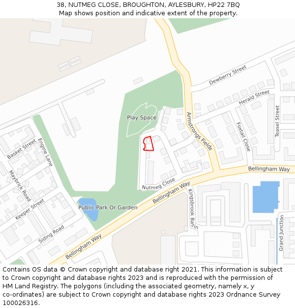 38, NUTMEG CLOSE, BROUGHTON, AYLESBURY, HP22 7BQ: Location map and indicative extent of plot