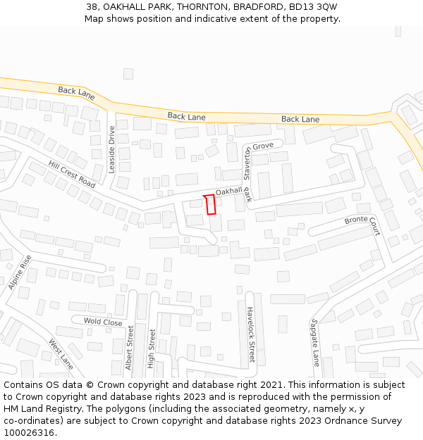 38, OAKHALL PARK, THORNTON, BRADFORD, BD13 3QW: Location map and indicative extent of plot