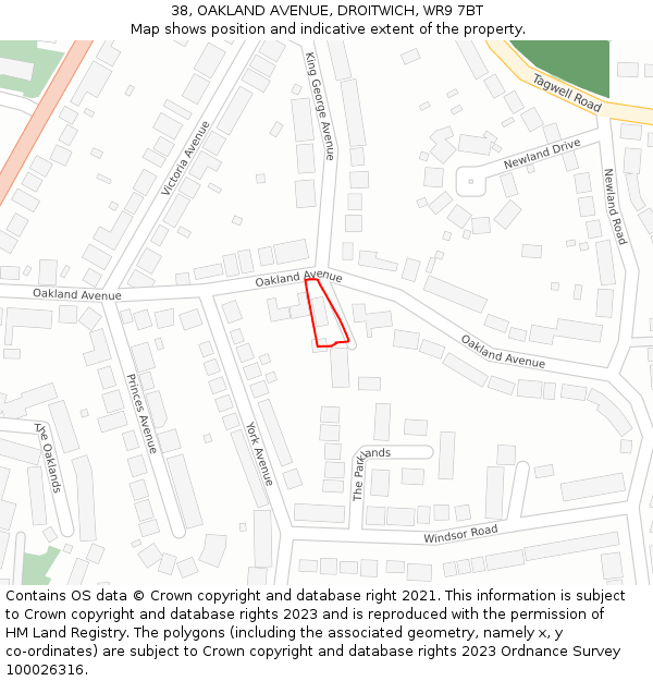 38, OAKLAND AVENUE, DROITWICH, WR9 7BT: Location map and indicative extent of plot