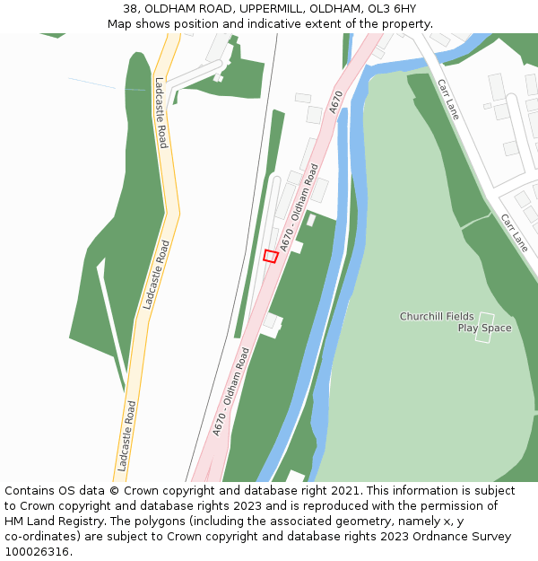 38, OLDHAM ROAD, UPPERMILL, OLDHAM, OL3 6HY: Location map and indicative extent of plot