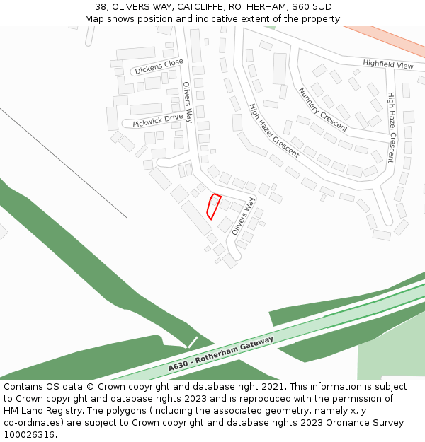 38, OLIVERS WAY, CATCLIFFE, ROTHERHAM, S60 5UD: Location map and indicative extent of plot