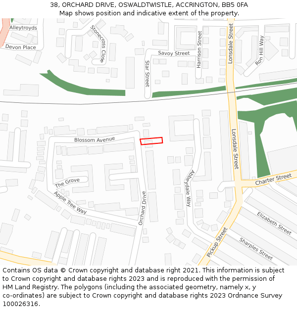 38, ORCHARD DRIVE, OSWALDTWISTLE, ACCRINGTON, BB5 0FA: Location map and indicative extent of plot
