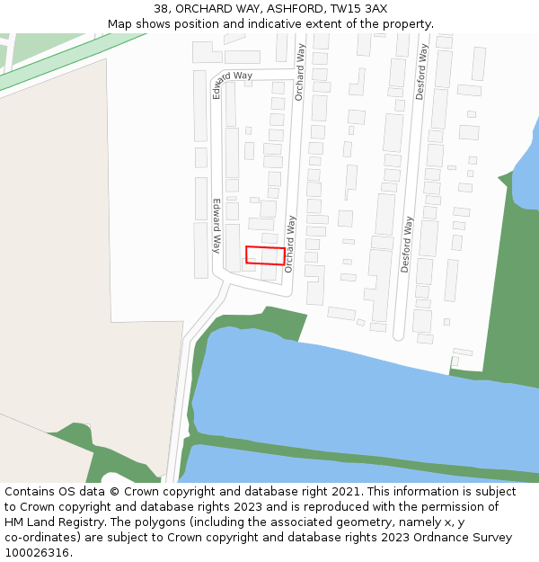 38, ORCHARD WAY, ASHFORD, TW15 3AX: Location map and indicative extent of plot