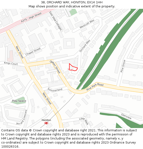 38, ORCHARD WAY, HONITON, EX14 1HH: Location map and indicative extent of plot